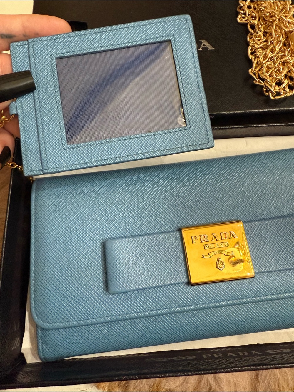 Prada Saffiano Lux Bow Continental Wallet Light Blue Gold Hardware W/ Chain Card - Picture 5 of 16